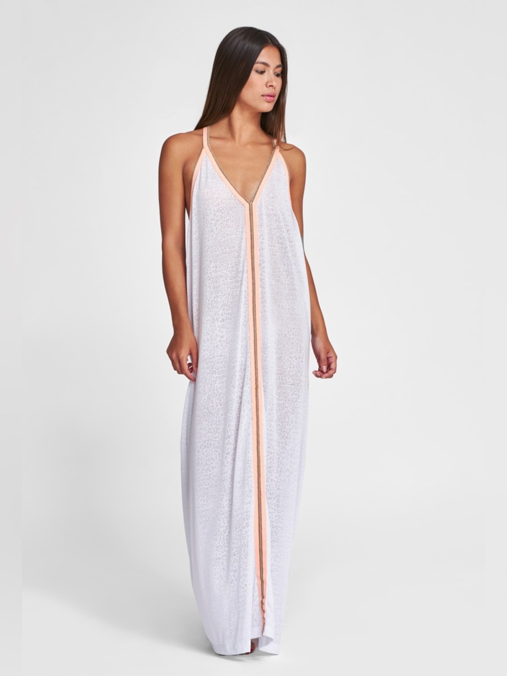 Pitusa White Inca Cover-Up Maxi Dress Cheetah Burnout Peach Trim Size Standard
